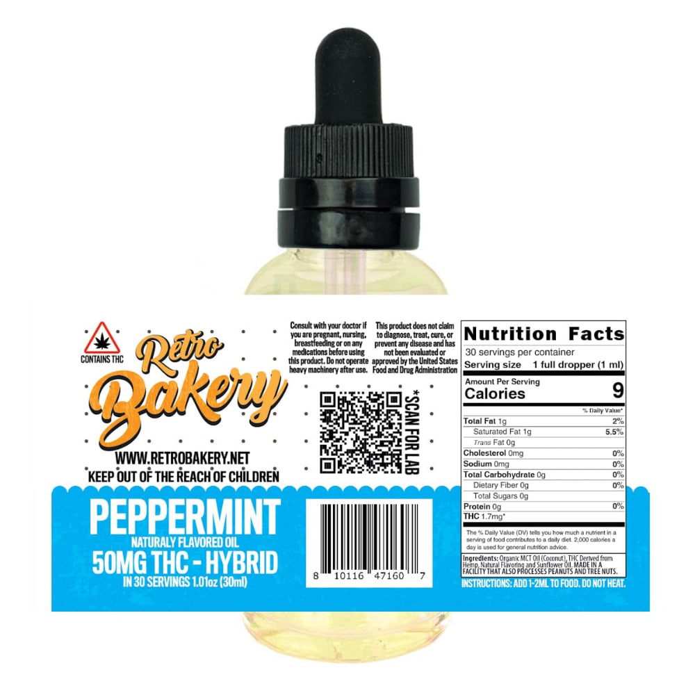 Retro Bakery Peppermint 50mg THC Hybrid tincture oil 30ml in clear dropper bottle