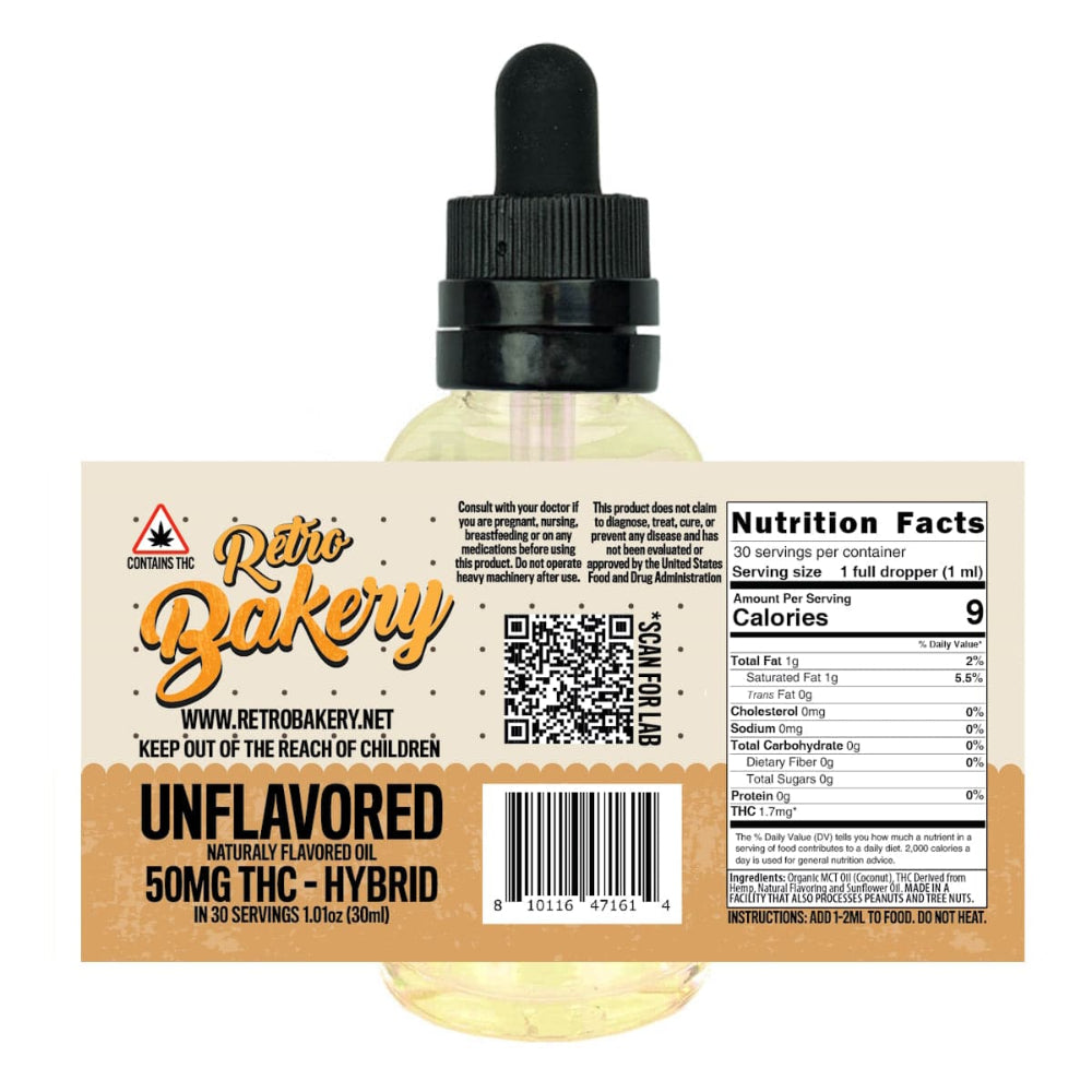 Retro Bakery Unflavored THC Hybrid Tincture 50mg in 30ml dropper bottle